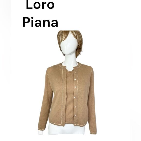 Loro Piana Set of 2 Womens Cashmere Knitted Cardigan Sweater & Top Camel Size S - Picture 1 of 13